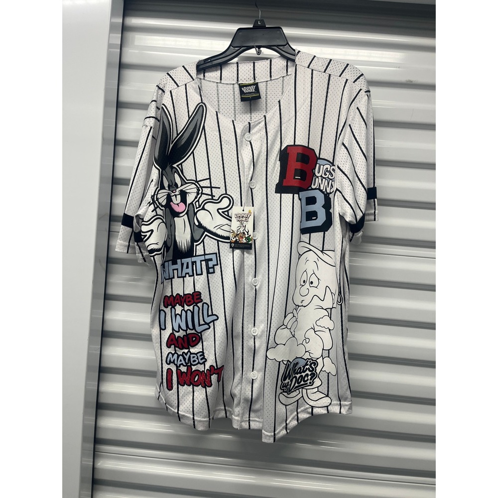 Looney Tunes Bugs Bunny Baseball Jersey Pinstripe Mesh White Mens Large NEW